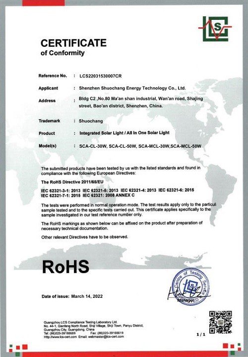 SCA-CL MCL ROHS Certificate SCA-CL MCL ROHS Certificate